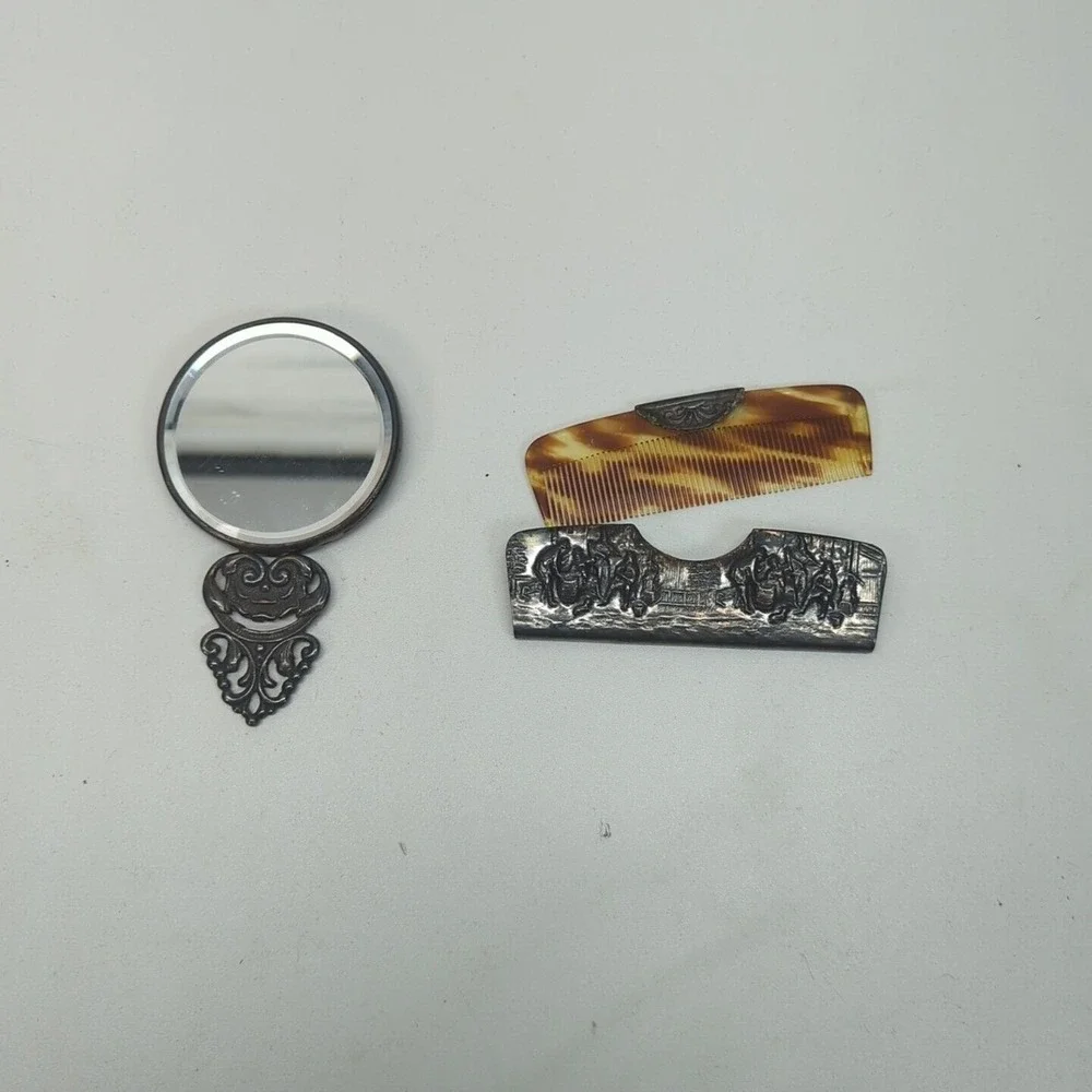 Hans Jenson Design Tortoise Shell Patterned Comb And Mirror Silver Plated Set‎